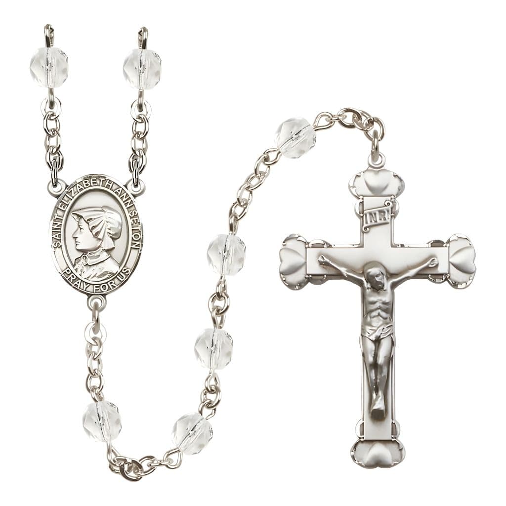 Bliss St. Elizabeth Ann Seton Rosary with Pewter Heart Crucifix and Centerpiece, Birthstone 6mm Fire Polished Clear Crystal Beads for April