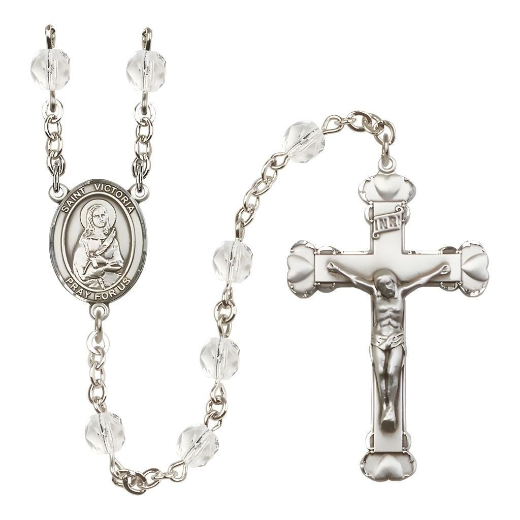 Bliss St. Victoria Rosary with Pewter Heart Crucifix and Centerpiece, Birthstone 6mm Fire Polished Clear Crystal Beads for April