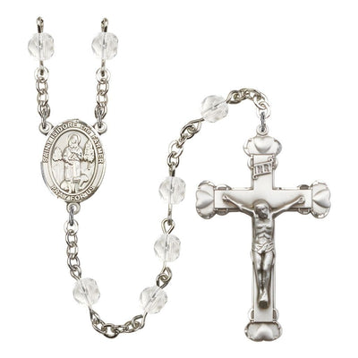 St. Isidore the Farmer Rosary with Pewter Heart Crucifix and Centerpiece, Birthstone 6mm Fire Polished Clear Crystal Beads for April, Bliss Manufacturing