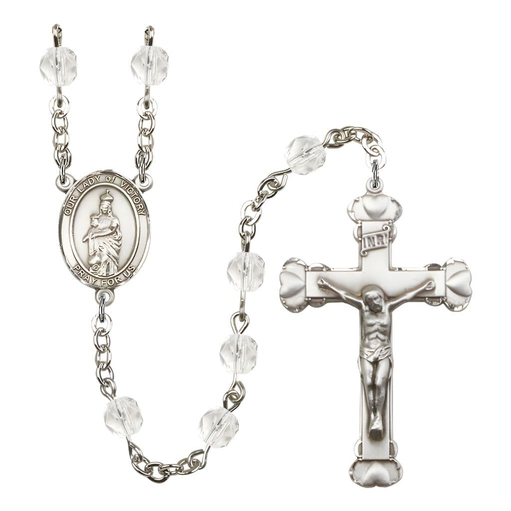 Bliss Our Lady of Victory Birthstone April Clear 6mm Fire Polished Silver-plated Engravable Heart Tip Rosary with Pewter Centerpiece and Crucifix