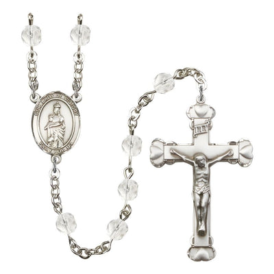 Our Lady of Victory Birthstone April Clear 6mm Fire Polished Silver-plated Engravable Heart Tip Rosary with Pewter Centerpiece and Crucifix in Crystal, Bliss Manufacturing