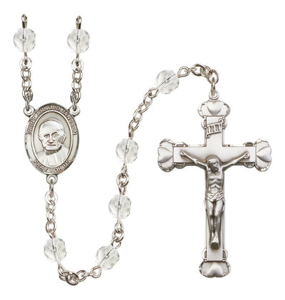 Silver-Plated Crystal Saint Arnold Janssen Birthstone Heart Rosary, Bliss Manufacturing