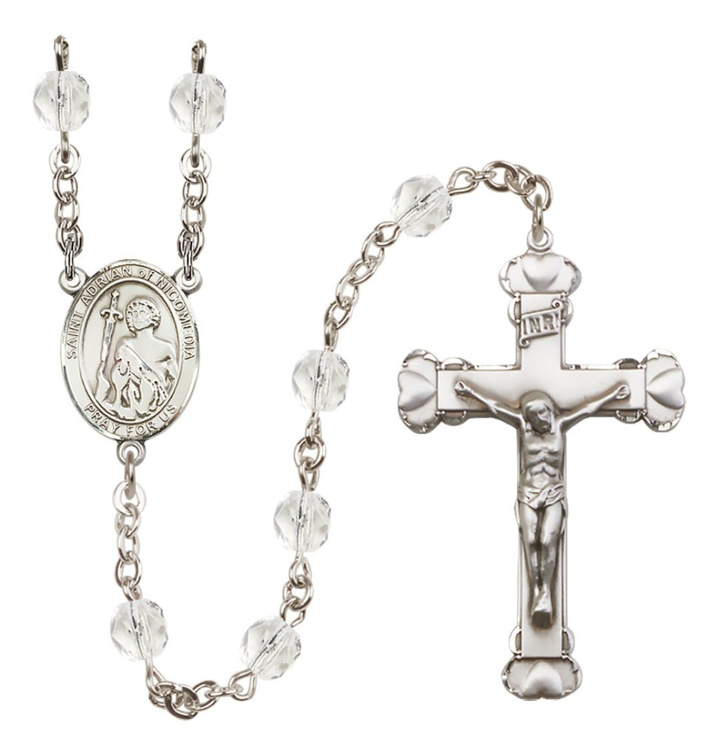 Bliss Silver-Plated Crystal St Adrian of Nicomedia Birthstone Heart Rosary,