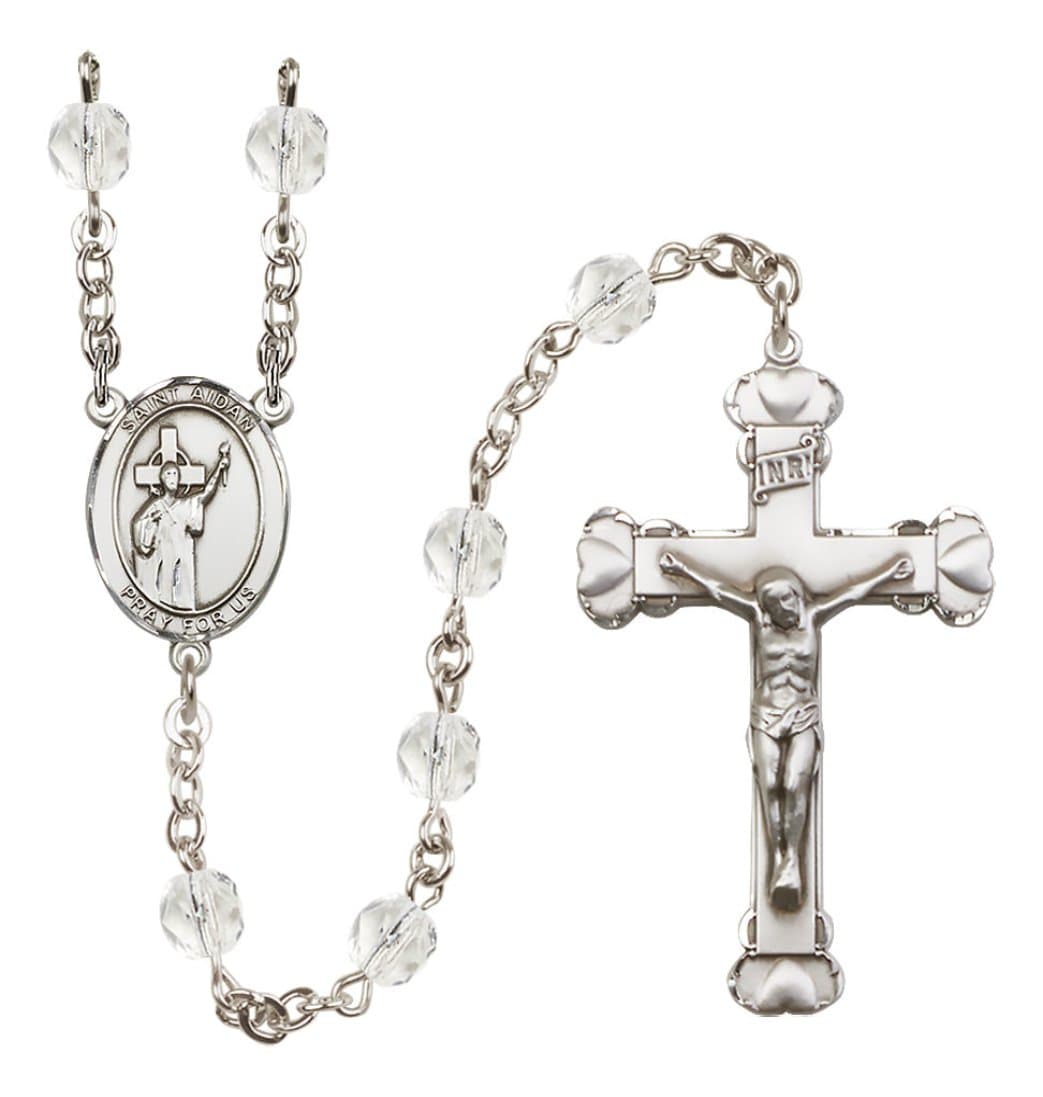 Bliss Silver-Plated Crystal St Aidan of Lindesfarne Birthstone Heart Rosary,