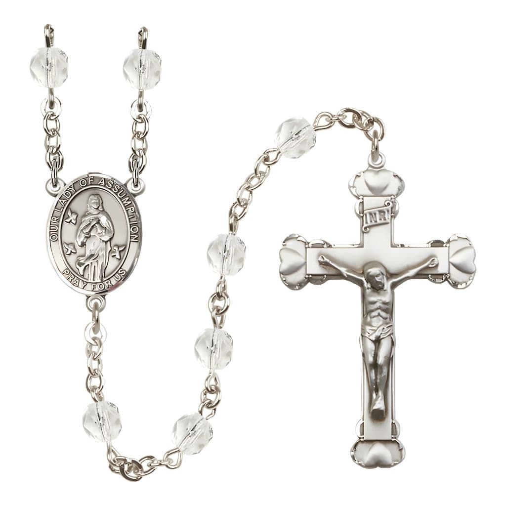 Our Lady of Assumption Engraved Birthstone 6mm Clear Fire Polished Silver-plated Rosary with Pewter Centerpiece and Heart Tip Crucifix