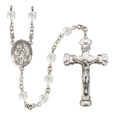Our Lady of Assumption Engraved Birthstone 6mm Clear Fire Polished Silver-plated Rosary with Pewter Centerpiece and Heart Tip Crucifix in Crystal, Bliss Manufacturing