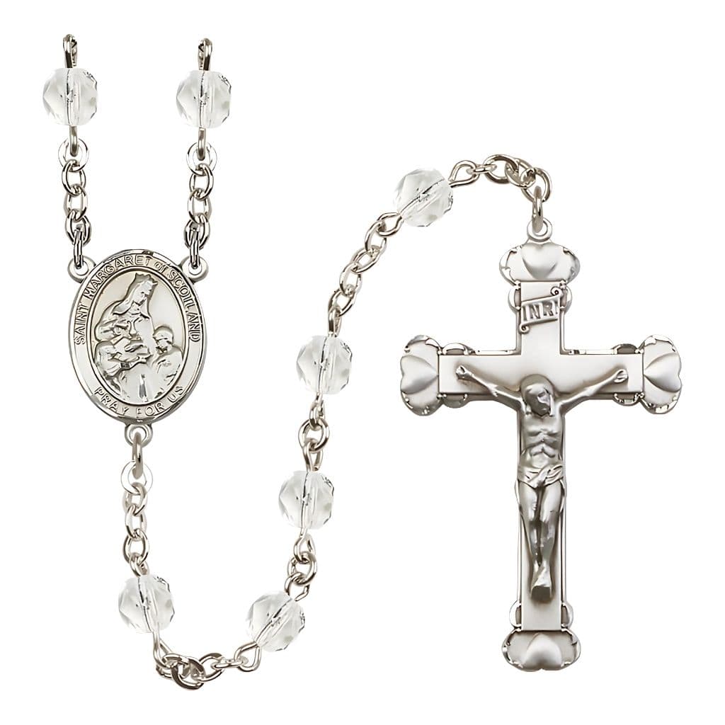 Bliss St. Margaret of Scotland Engraved Birthstone Fire Polished Rosary in Clear,