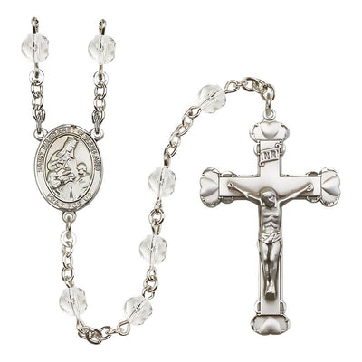 St. Margaret of Scotland Engraved Birthstone Fire Polished Rosary in Clear in Crystal, Bliss Manufacturing