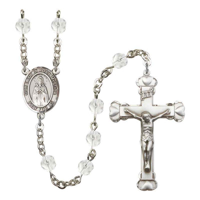Our Lady of Rosa Mystica Rosary with Pewter Heart Crucifix and Centerpiece, Birthstone 6mm Fire Polished Clear Crystal Beads for April