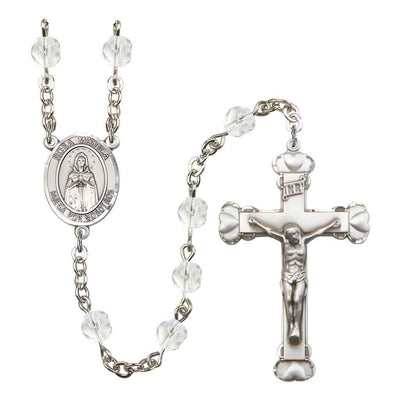 Spanish Rosa Mystica Rosary with Pewter Heart Crucifix and Centerpiece, Birthstone 6mm Fire Polished Clear Crystal Beads for April