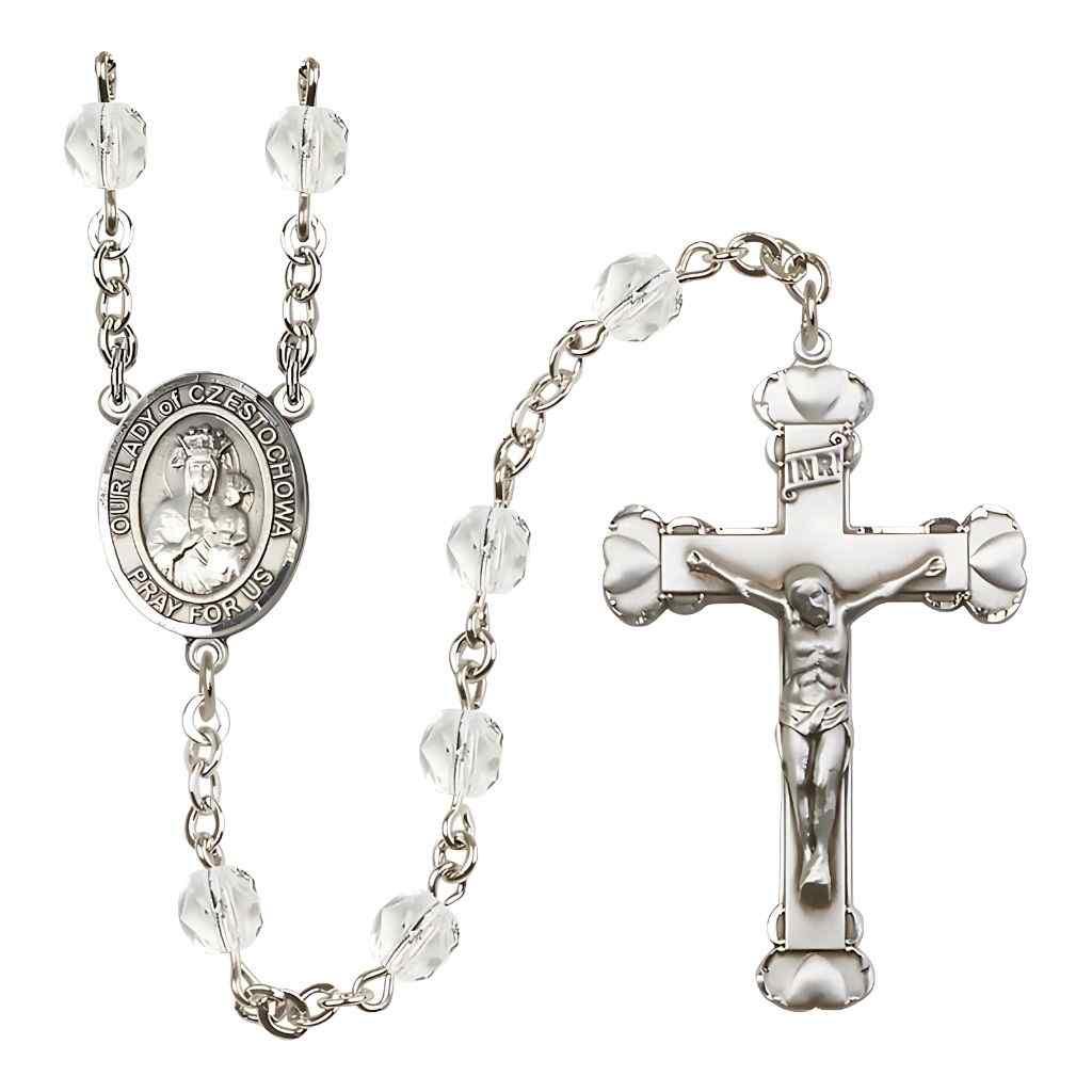 Our Lady of Czestochowa Rosary with Pewter Heart Tip Crucifix and Centerpiece, Birthstone 6mm Fire Polished Clear Crystal Beads for April