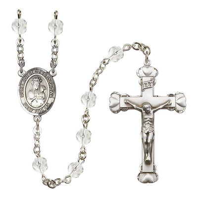 Our Lady of Czestochowa Rosary with Pewter Heart Tip Crucifix and Centerpiece, Birthstone 6mm Fire Polished Clear Crystal Beads for April