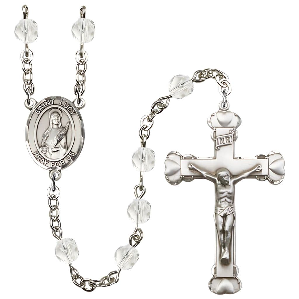 St. Lucy Silver-Plated Clear Crystal Birthstone Heart Rosary,