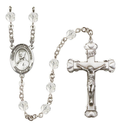 St. Andre Bessette Rosary with Pewter Heart Crucifix and Centerpiece, Birthstone 6mm Fire Polished Clear Crystal Beads for April, Bliss Manufacturing