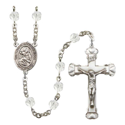 Our Lady of the Precious Blood Rosary with Pewter Heart Crucifix and Centerpiece, Birthstone 6mm Fire Polished Clear Crystal Beads for April