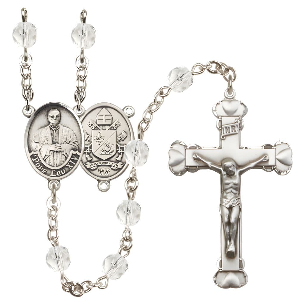 Bliss Pope Leo XIV Birthstone Engravable Rosary with Pewter Center and Heart  Edge Crucifix, 6mm Fire Polished Beads in Clear for April