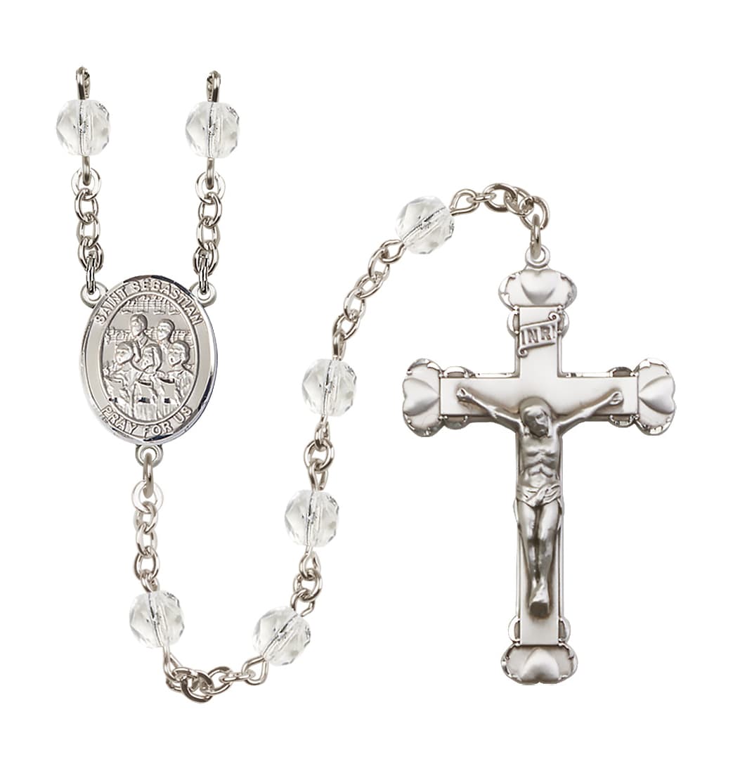 Bliss St Sebastian Choir 6mm Fire Polished Heart Crucifix April Birthstone Rosary,