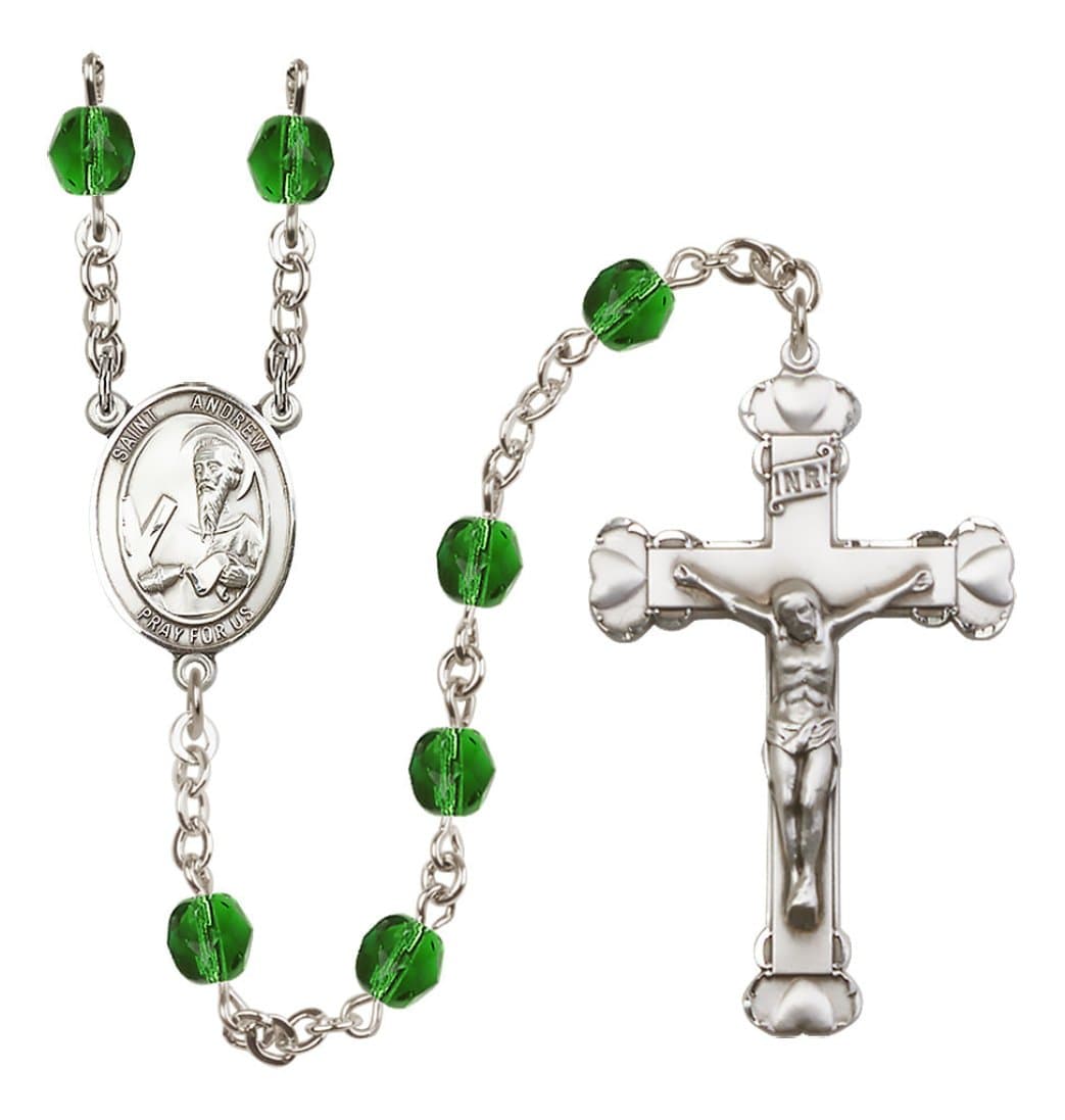 Bliss Silver-Plated Emeral Crystal St Andrew the Apostle Birthstone Heart Rosary,