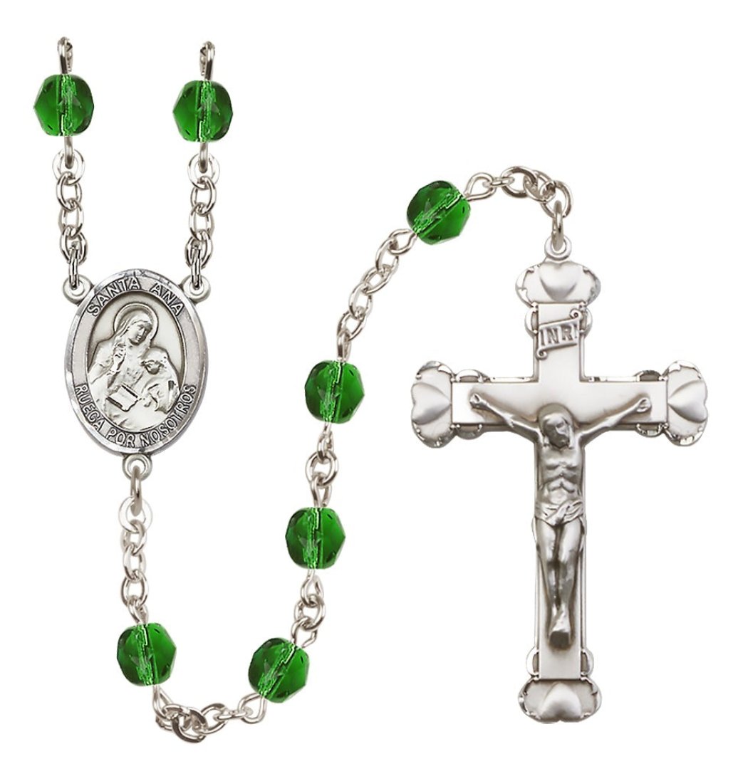 Bliss May Emerald Silver-Plated Crystal Santa Ana Birthstone Heart Rosary