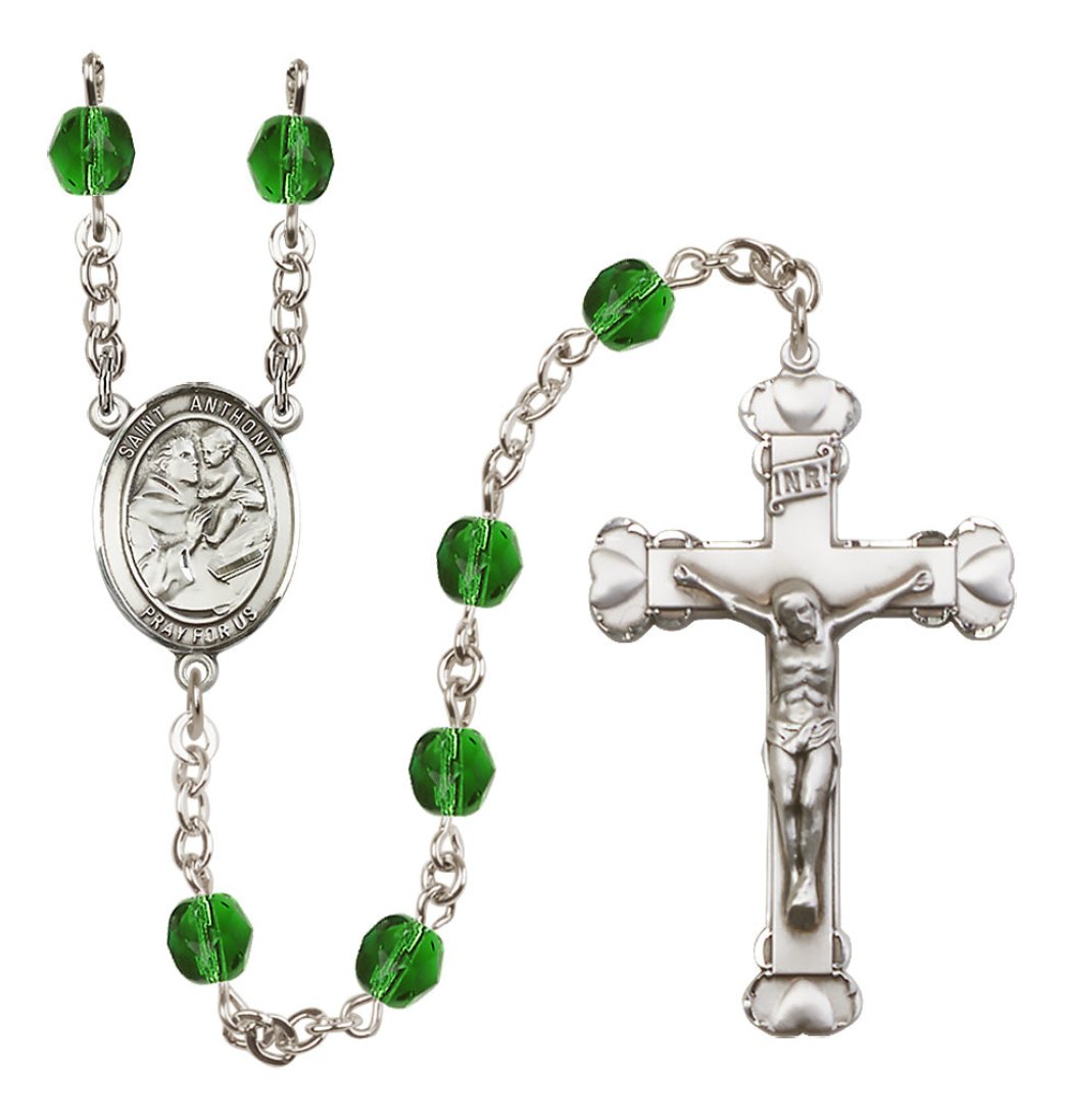 Emerald Bliss Silver-Plated Crystal St Anthony of Padua Birthstone Heart Rosary,