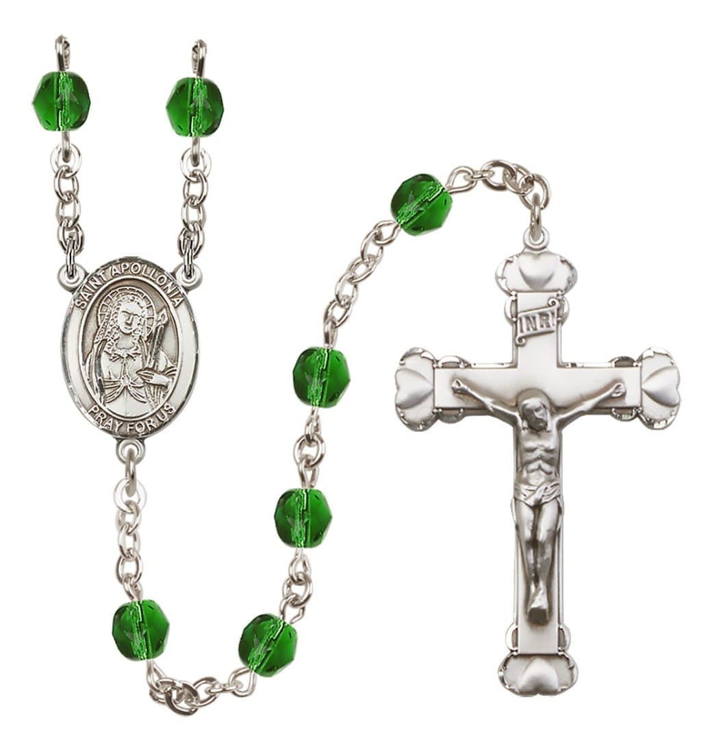 Bliss Emerald Silver-Plated Crystal St Apollonia Birthstone Heart Rosary,