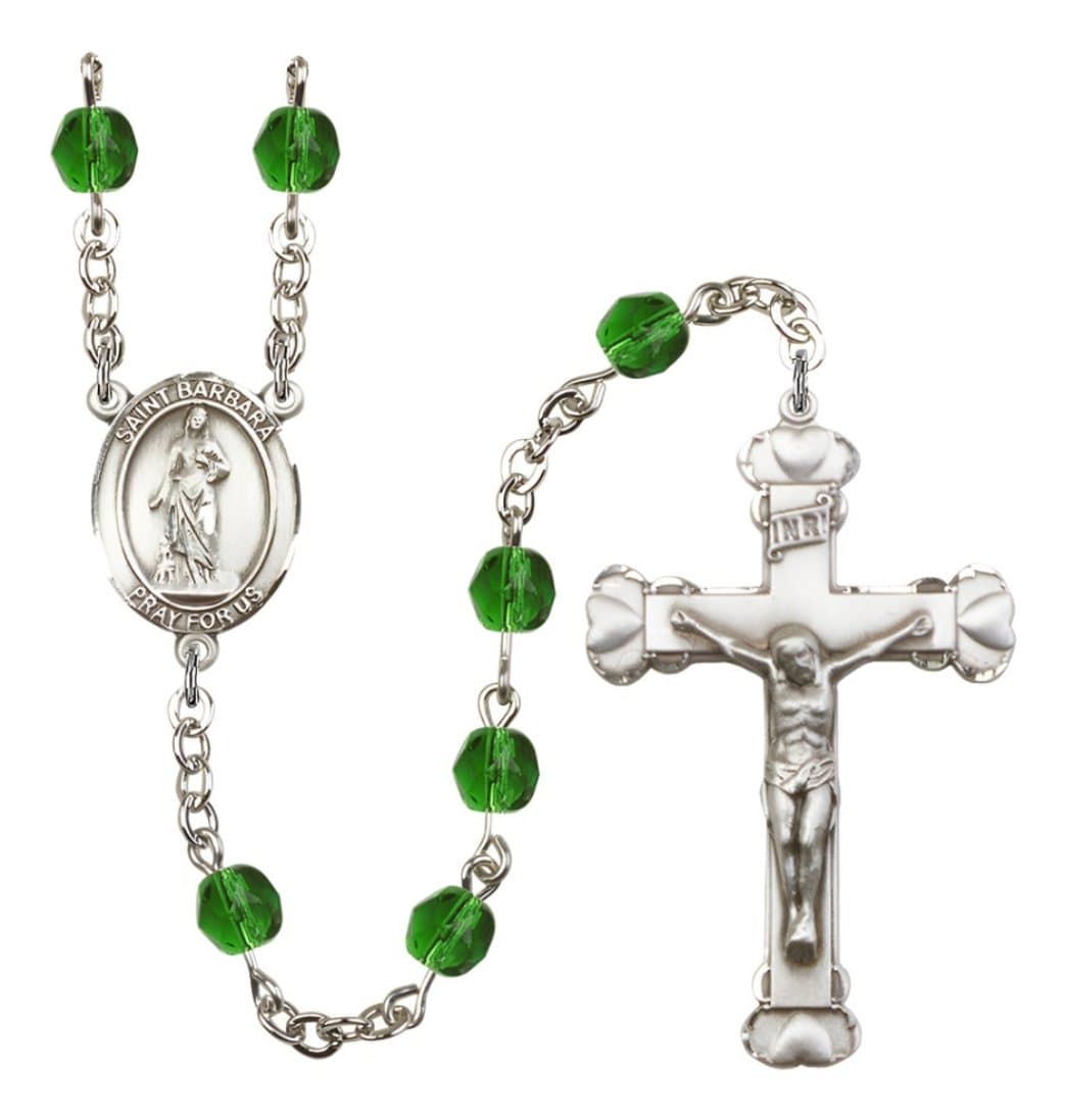 Bliss May Emerald Silver-Plated Crystal St Barbara Birthstone Heart Rosary,