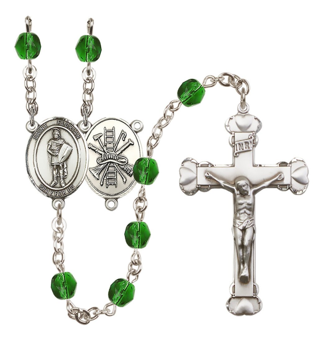 Bliss St Florian Firefighter Birthstone Crystal Silver-plated Heart Tip Rosary in Emerald May Birthstone,