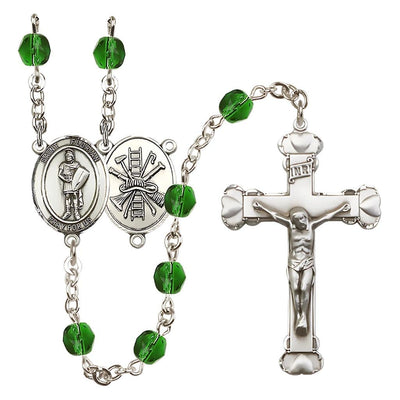 St Florian Firefighter Birthstone Crystal Silver-plated Heart Tip Rosary in Emerald May Birthstone, Bliss Manufacturing