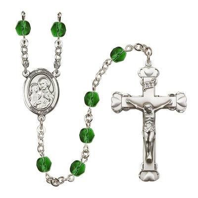 St. Joseph Rosary with Pewter Heart Crucifix and Centerpiece, Birthstone 6mm Fire Polished Emerald Beads for May