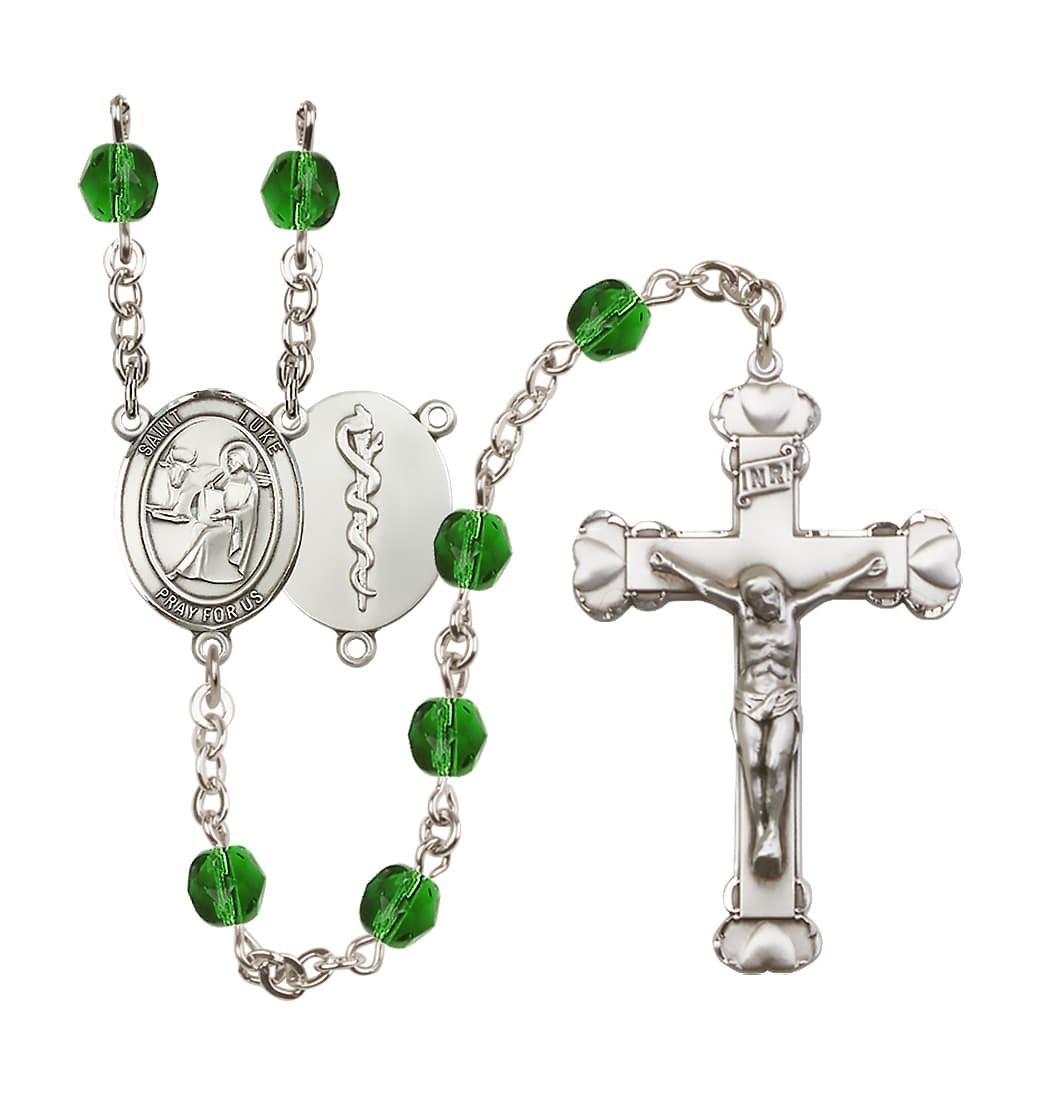 Bliss St Luke Doctor Birthstone Crystal Heart Tip Rosary in Feb/Emerald,