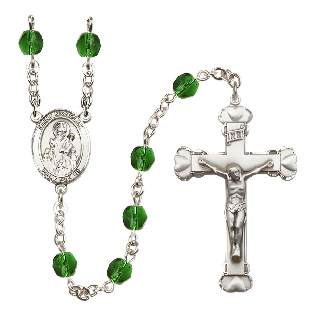 Bliss St. Nicholas Engravable Rosary with Pewter Centerpiece and Heart Crucifix, May Birthstone 6mm Emerald Fire Polish Beads