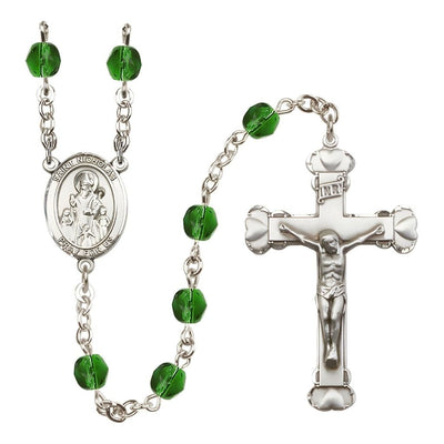 St. Nicholas Engravable Rosary with Pewter Centerpiece and Heart Crucifix, May Birthstone 6mm Emerald Fire Polish Beads, Bliss Manufacturing