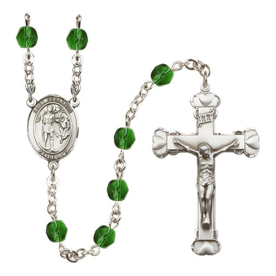 St. Sebastian Rosary with Pewter Heart Crucifix and Centerpiece, Birthstone 6mm Fire Polished Emerald Beads for May, Bliss Manufacturing