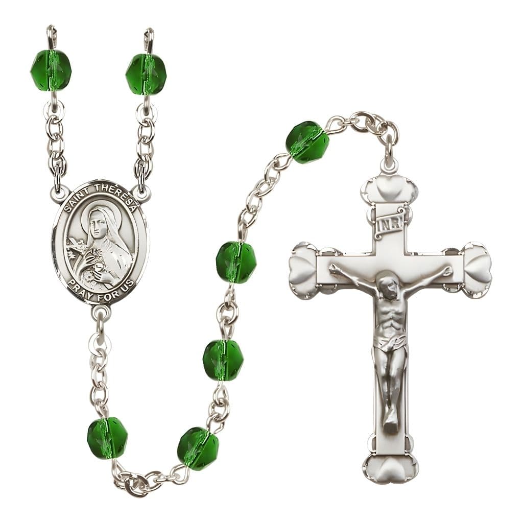 Bliss Birthstone 6mm Emerald Fire Polished Silver-plated Engravable Rosary with Pewter St. Theresa Center and Heart Edge Crucifix