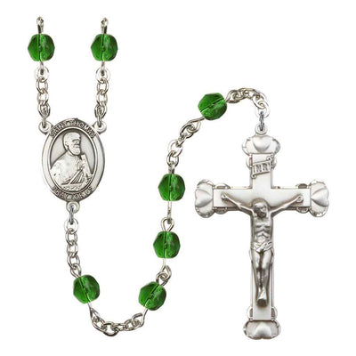 St. Thomas the Apostle Rosary with Pewter Heart Crucifix and Centerpiece, Birthstone 6mm Fire Polished Emerald Beads for May
