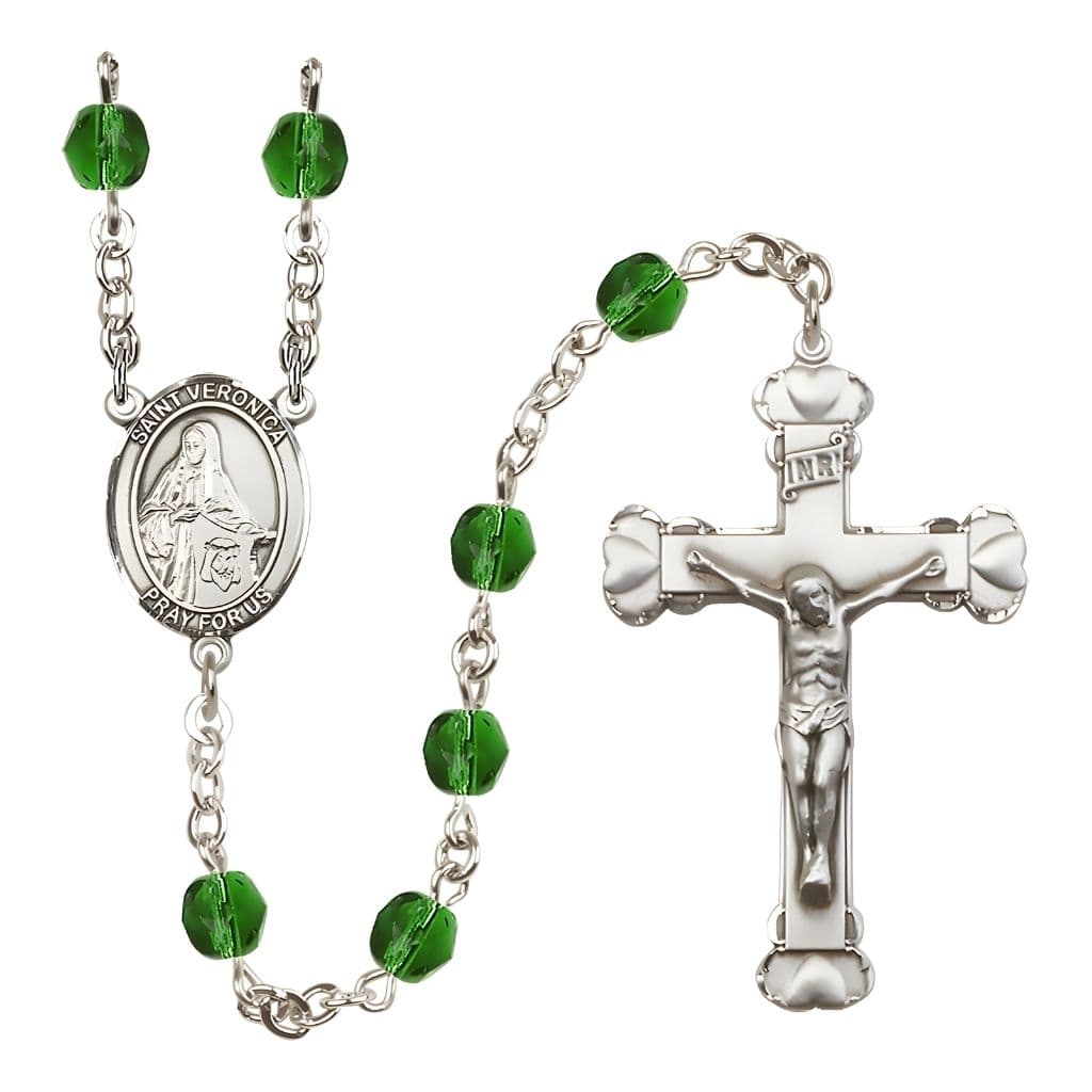 Bliss St. Veronica Rosary with Pewter Heart Crucifix and Centerpiece, Birthstone 6mm Fire Polished Emerald Beads for May