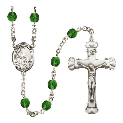 St. Veronica Rosary with Pewter Heart Crucifix and Centerpiece, Birthstone 6mm Fire Polished Emerald Beads for May, Bliss Manufacturing