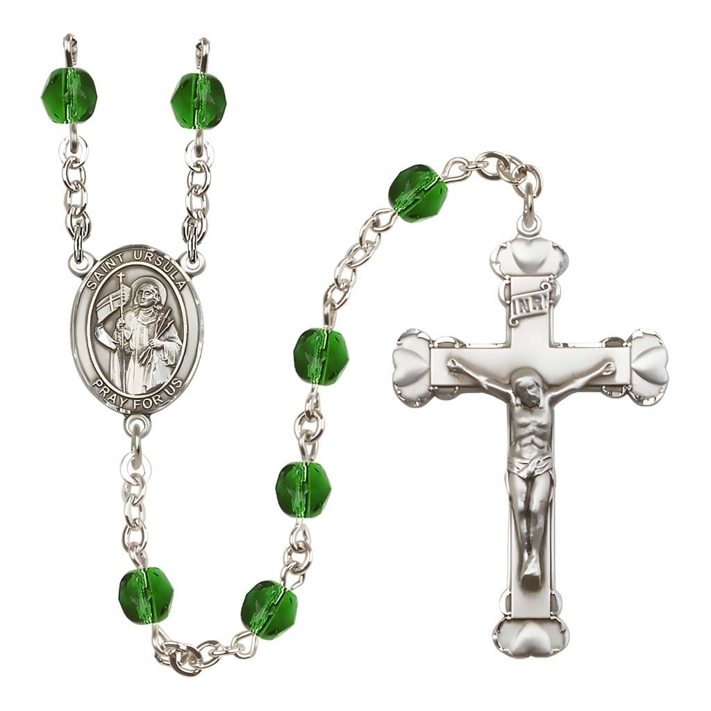 Bliss St. Ursula Rosary with Pewter Heart Crucifix and Centerpiece, Birthstone 6mm Fire Polished Emerald Beads for May