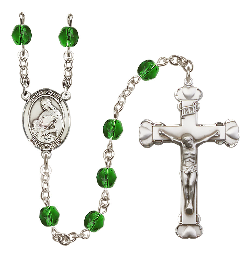 Bliss Silver-Plated Crystal St Agnes of Rome Birthstone Heart Rosary in Emerald,