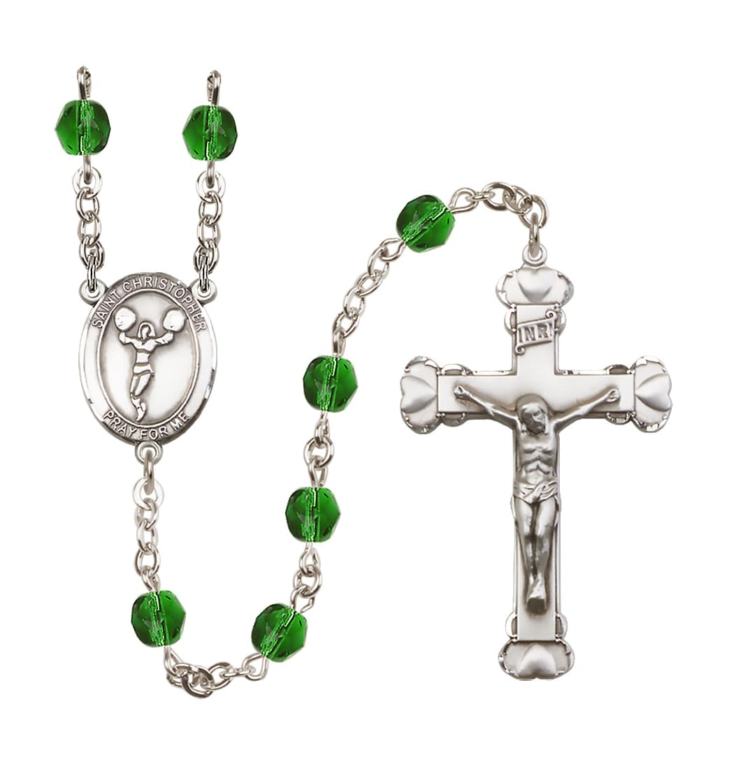 Bliss St Christopher Cheerleading May/Emerald 6mm Fire Polished Heart Rosary