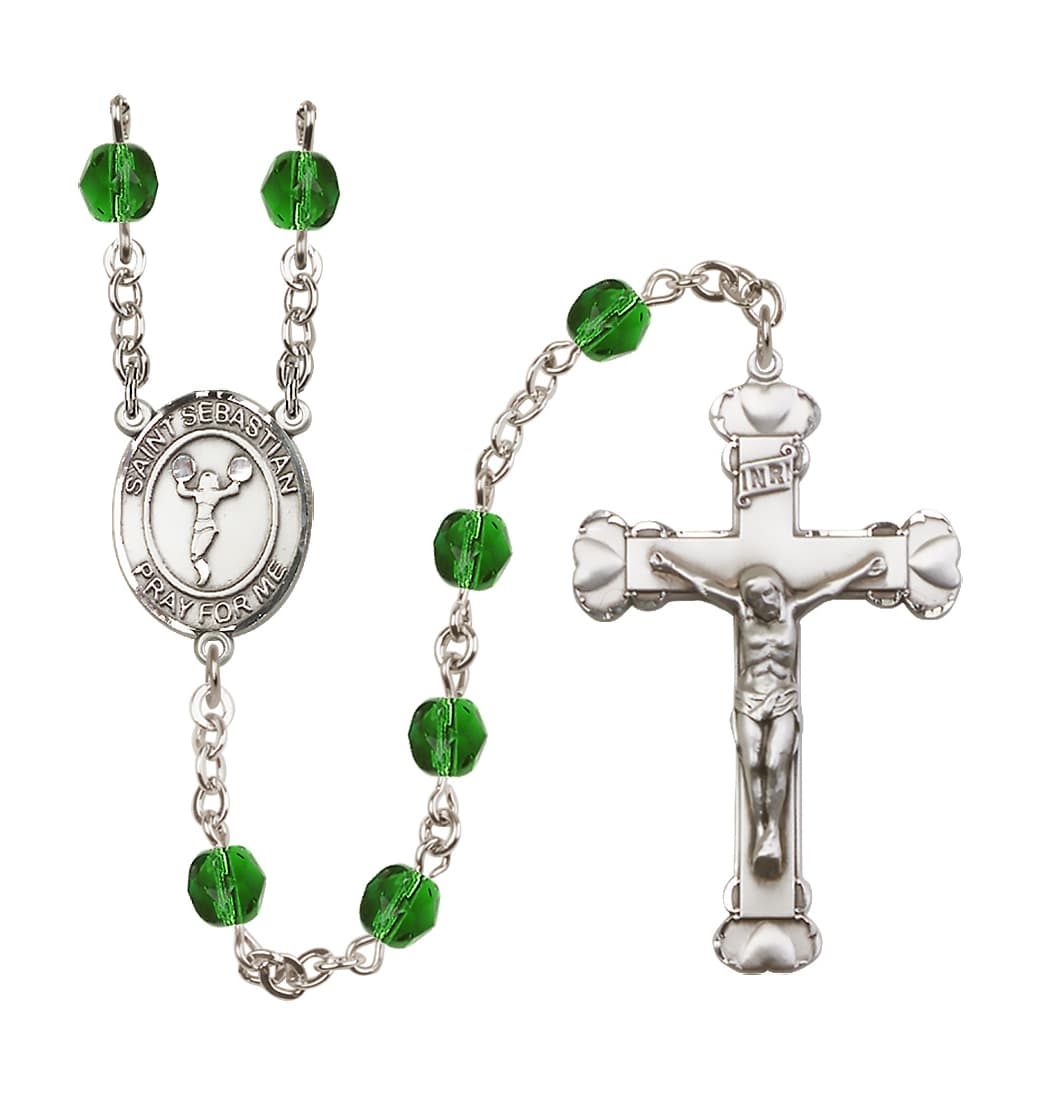 Bliss May Emerald Crystal St Sebastian Cheerleading 6mm Fire Polished Heart Crucifix Rosary,