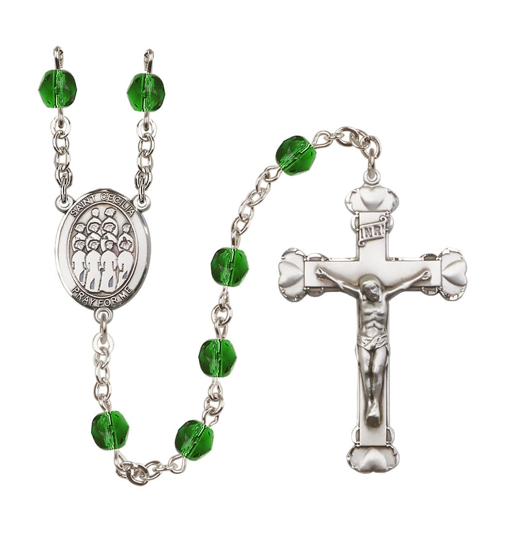 Bliss St Cecilia Choir 6mm Fire Polished Heart Tip Rosary in Emerald for May,