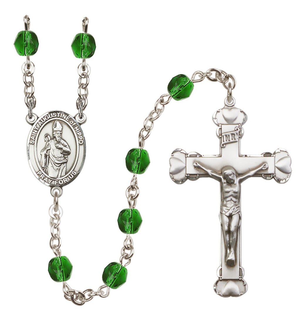 Bliss Silver-Plated Emerald Crystal St Augustine of Hippo Birthstone Heart Rosary,