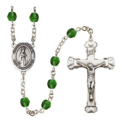 Spanish Virgen de Fatimas Rosary with Pewter Heart Crucifix and Centerpiece, Birthstone 6mm Fire Polished Emerald Beads for May, Bliss Manufacturing