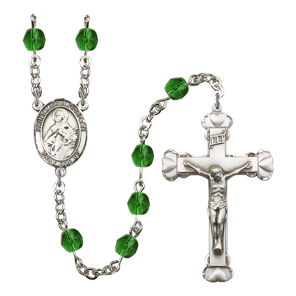 Bliss St. Maria Goretti Engraved Birthstone Fire Polished Rosary in Emerald,