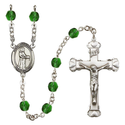 St. Petronille Rosary with Pewter Heart Crucifix and Centerpiece, Birthstone 6mm Fire Polished Emerald Beads for May, Bliss Manufacturing