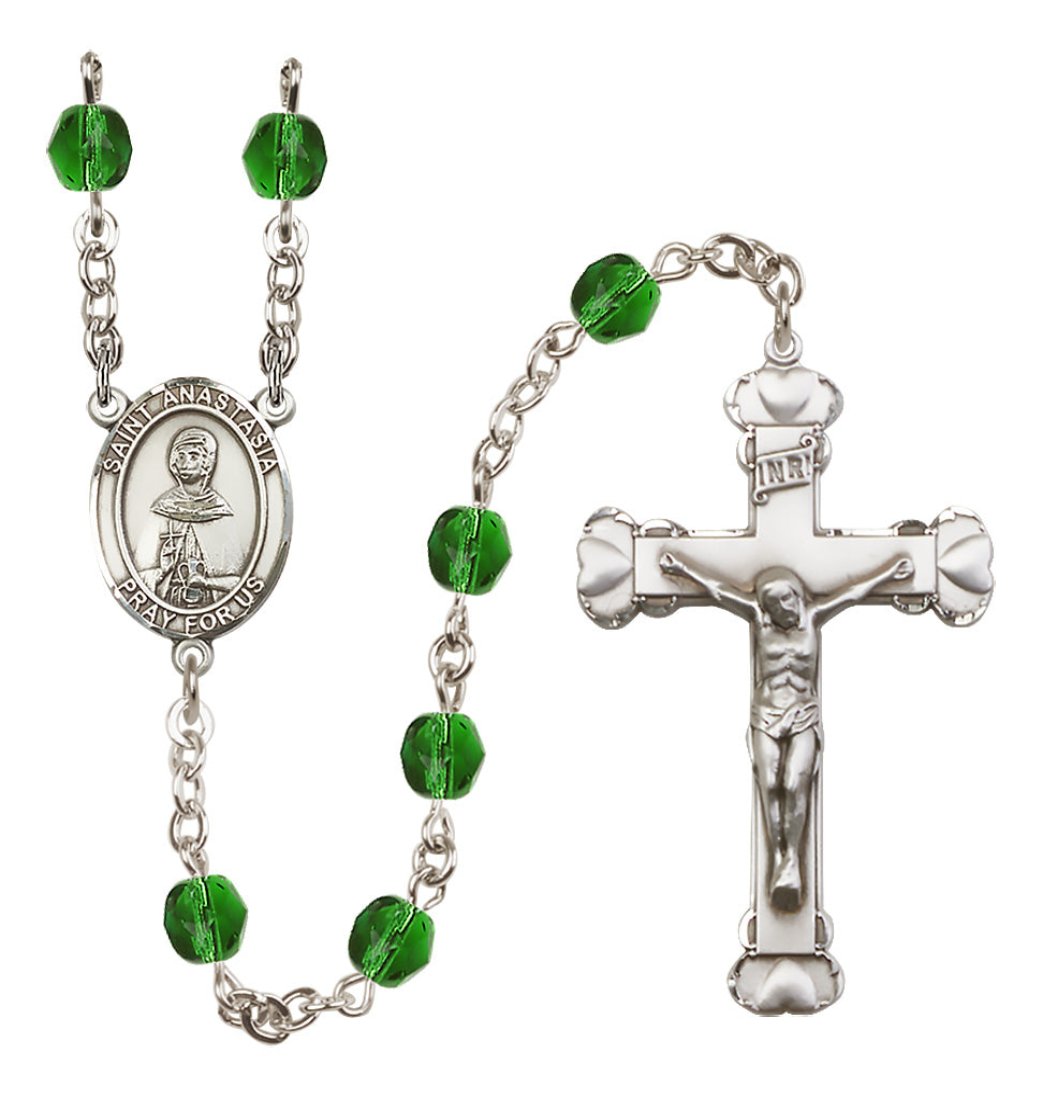 Bliss Silver-Plated Emerald Crystal Saint Anastasia Birthstone Heart Rosary,