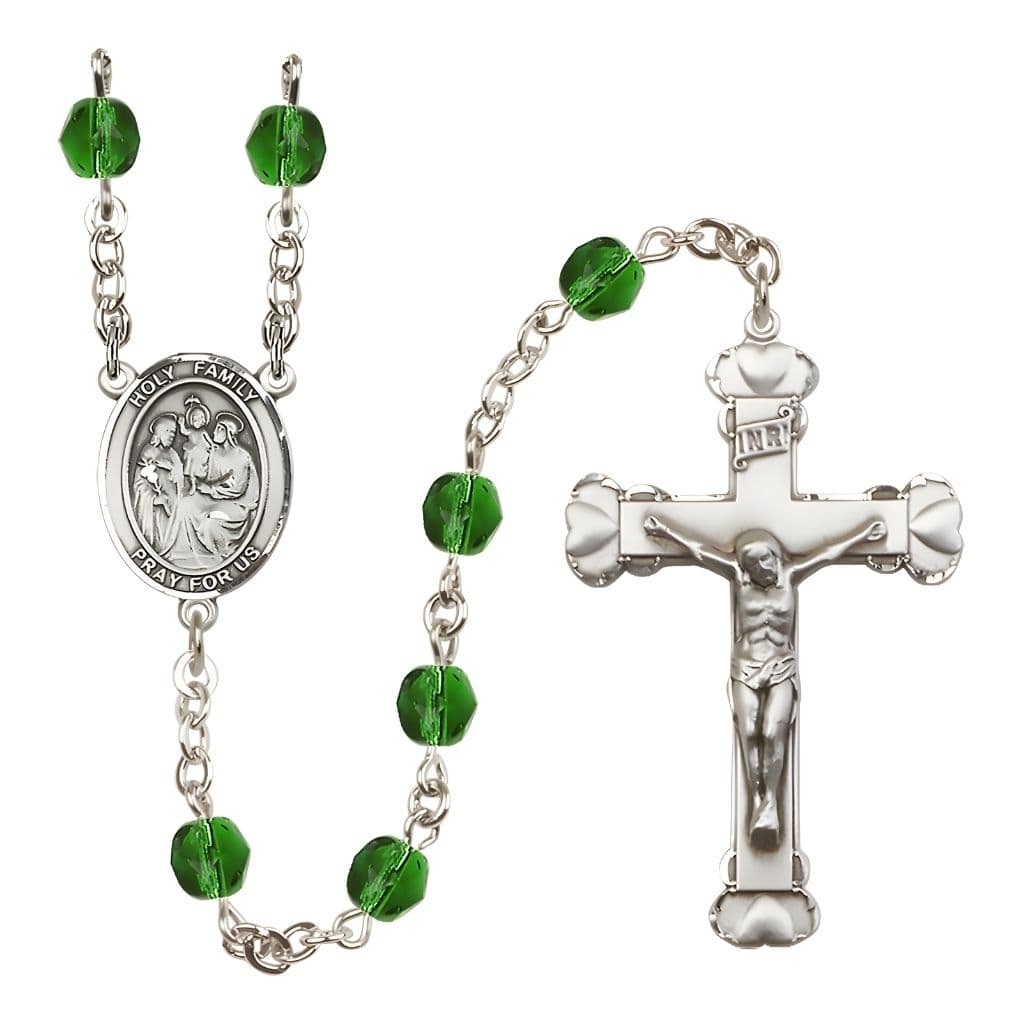 Bliss Holy Family Engravable Rosary with Pewter Heart Crucifix and Centerpiece, Birthstone 6mm Fire Polished Emerald Beads for May