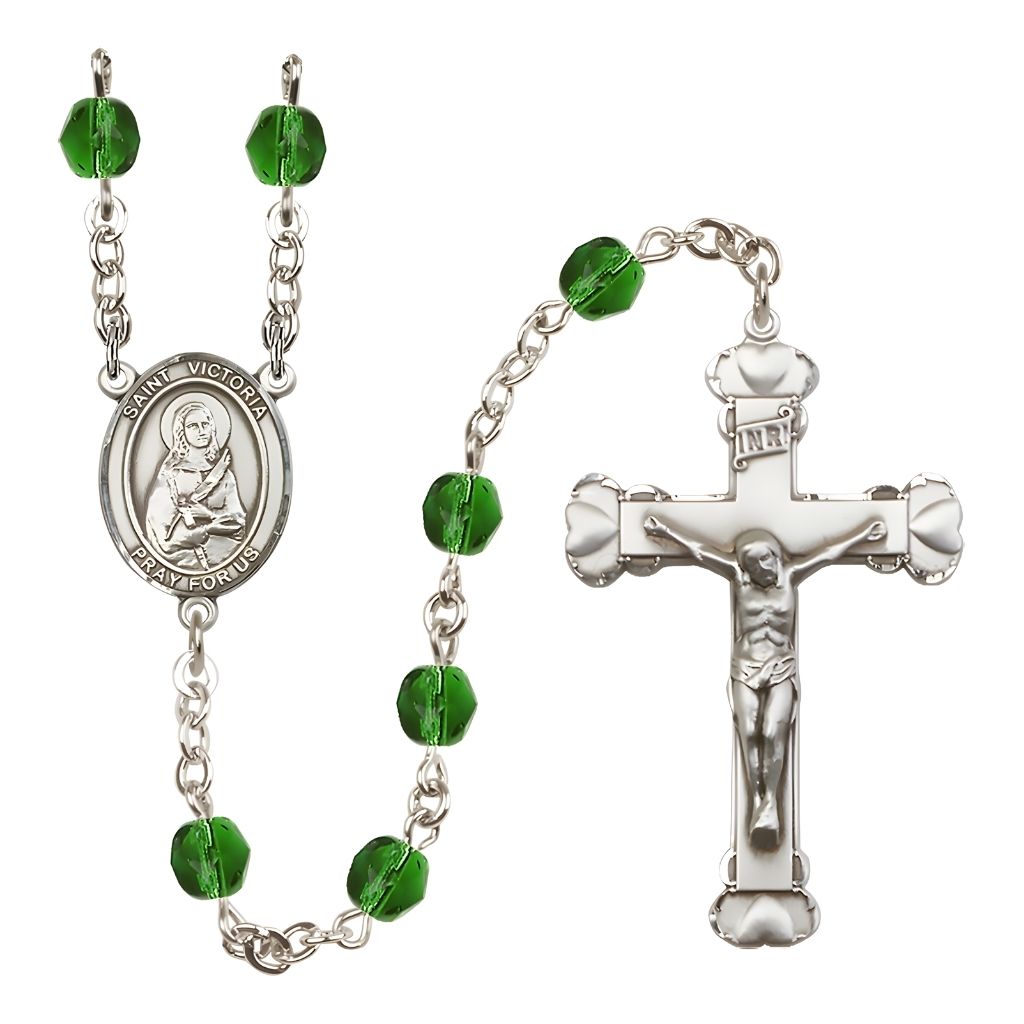 Bliss St. Victoria Rosary with Pewter Heart Crucifix and Centerpiece, Birthstone 6mm Fire Polished Emerald Beads for May