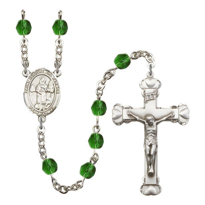 St. Isidore the Farmer Rosary with Pewter Heart Crucifix and Centerpiece, Birthstone 6mm Fire Polished Emerald Beads for May, Bliss Manufacturing